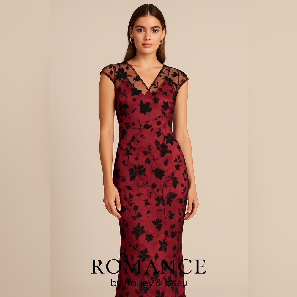 New Romance by Honey & Beau Sheer Floral Embroidered Evening Gown – Size 8